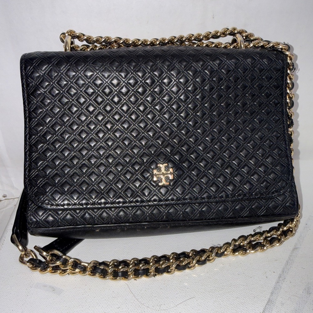 Tory Burch Marion Black Quilted Leather Embossed Shrunken Crossbody Bag Purse